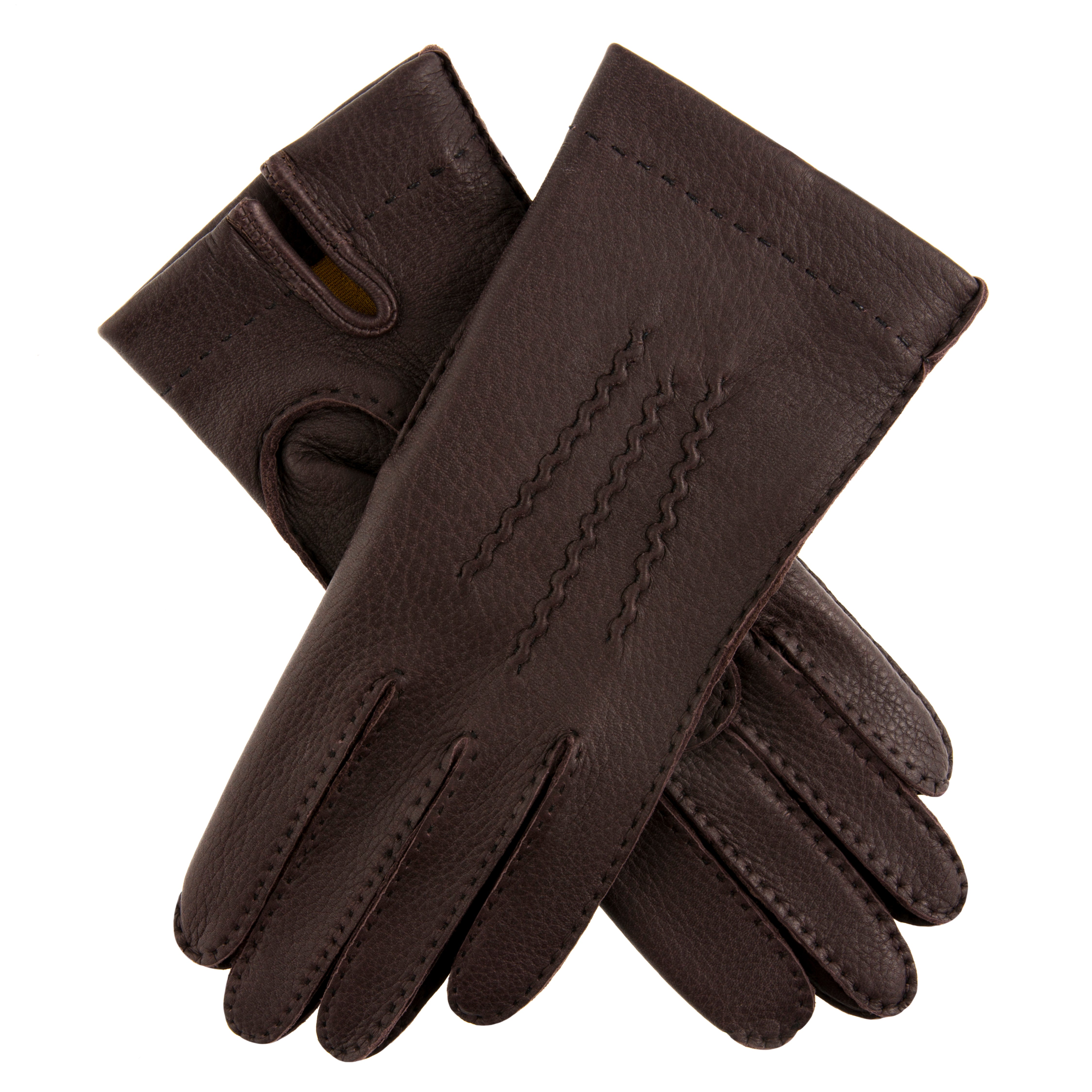 Handgenähte handgenähte Dreipunkt-Handschuhe aus Hirschleder mit Seidenfutter für Damen