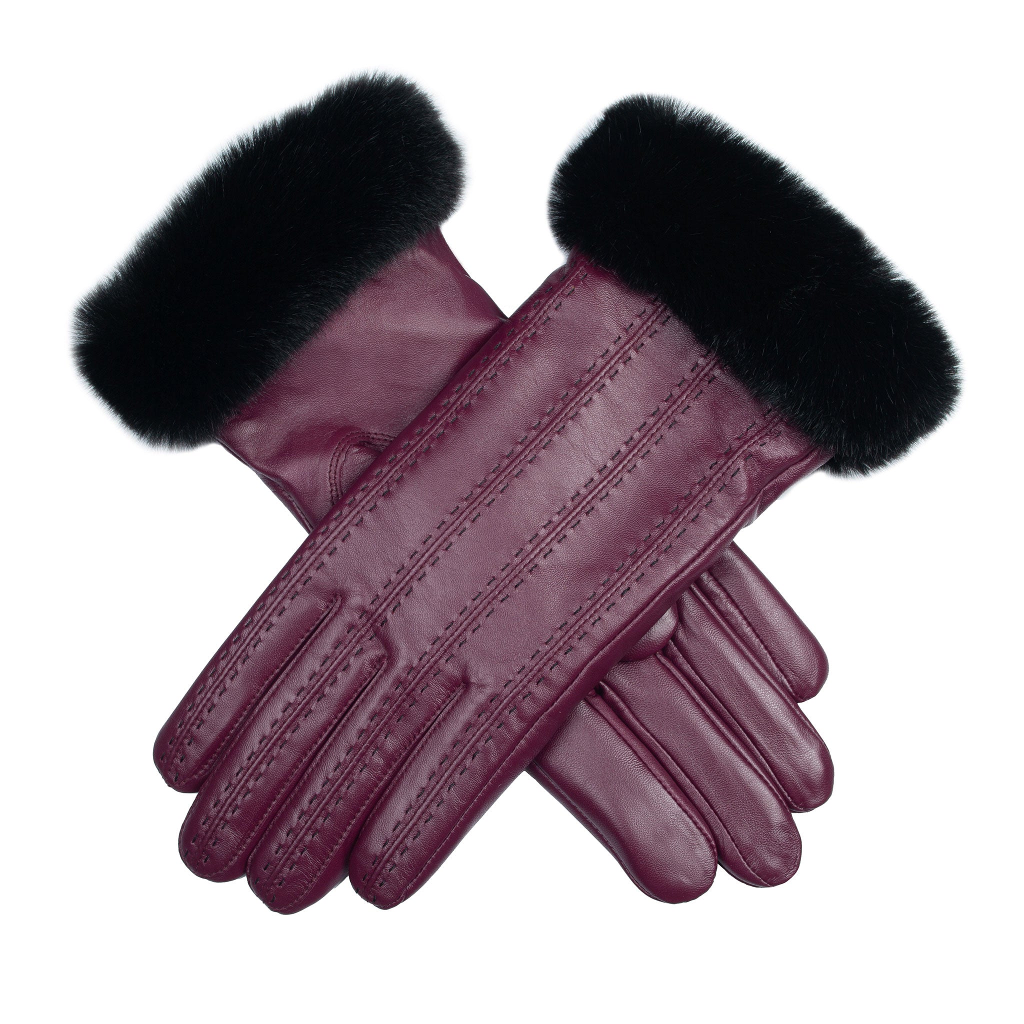 Women's Faux Fur-Lined Leather Gloves with Stitch Detail and Faux