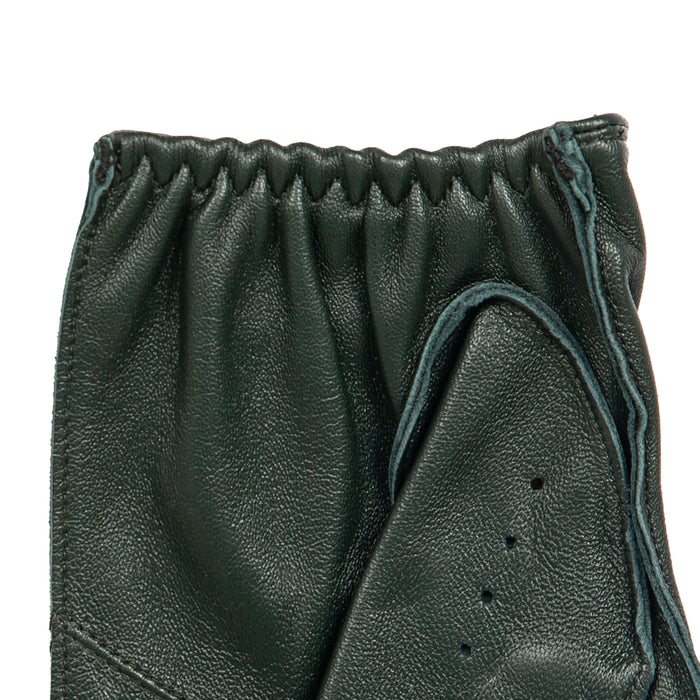 Men's Fingerless Leather Driving Gloves in Racing Green left cuff