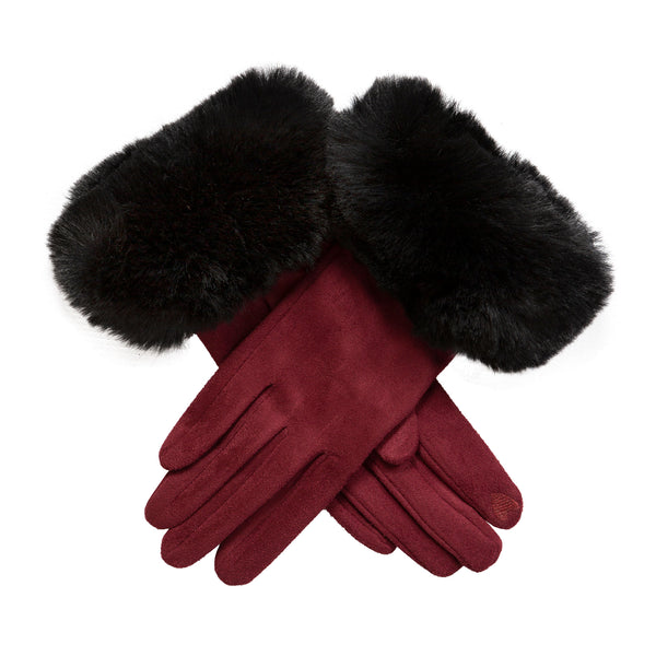 Women's Touchscreen Velour-Lined Faux Suede Gloves with Faux Fur Cuffs