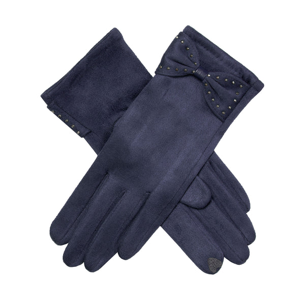 Women’s Touchscreen Velour-Lined Faux Suede Gloves with Studded Bow