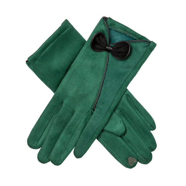Women’s Touchscreen Velour-Lined Faux Suede Gloves with Contrast Trim and Bow