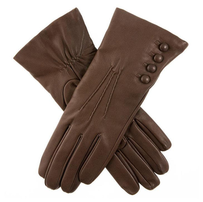 Women’s Touchscreen Three-Point Cashmere-Lined Leather Gloves with Buttons in mocca