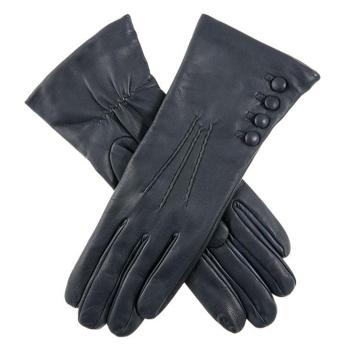 Women’s Touchscreen Three-Point Cashmere-Lined Leather Gloves with Buttons in navy