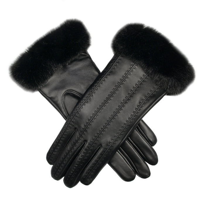 fluffy handschuh Damen-Lederhandschuhe mit Kunstpelzfutter, Ziernähten und Kunstpelzmanschetten