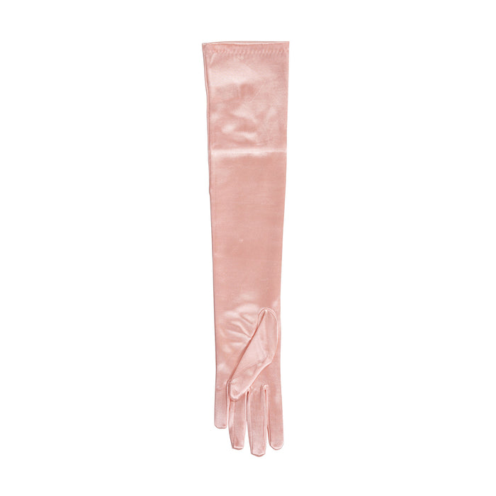 Women's long above-elbow satin gloves in pink - single glove palm side up