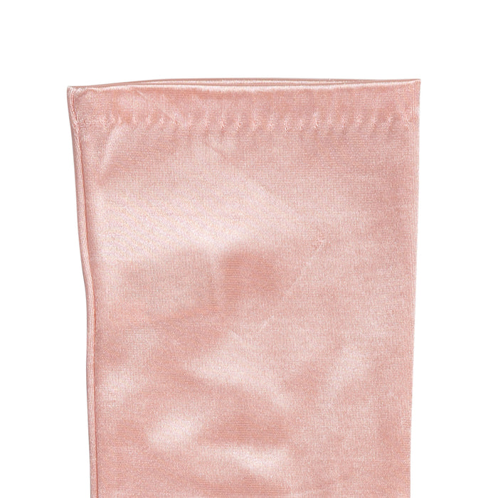 Women's long above-elbow satin gloves in pink - cuff palm side up