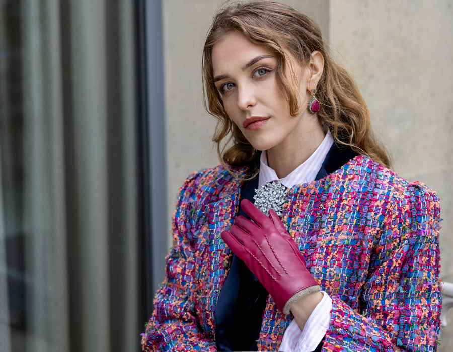 Woman wearing leather gloves in shiraz outdoors