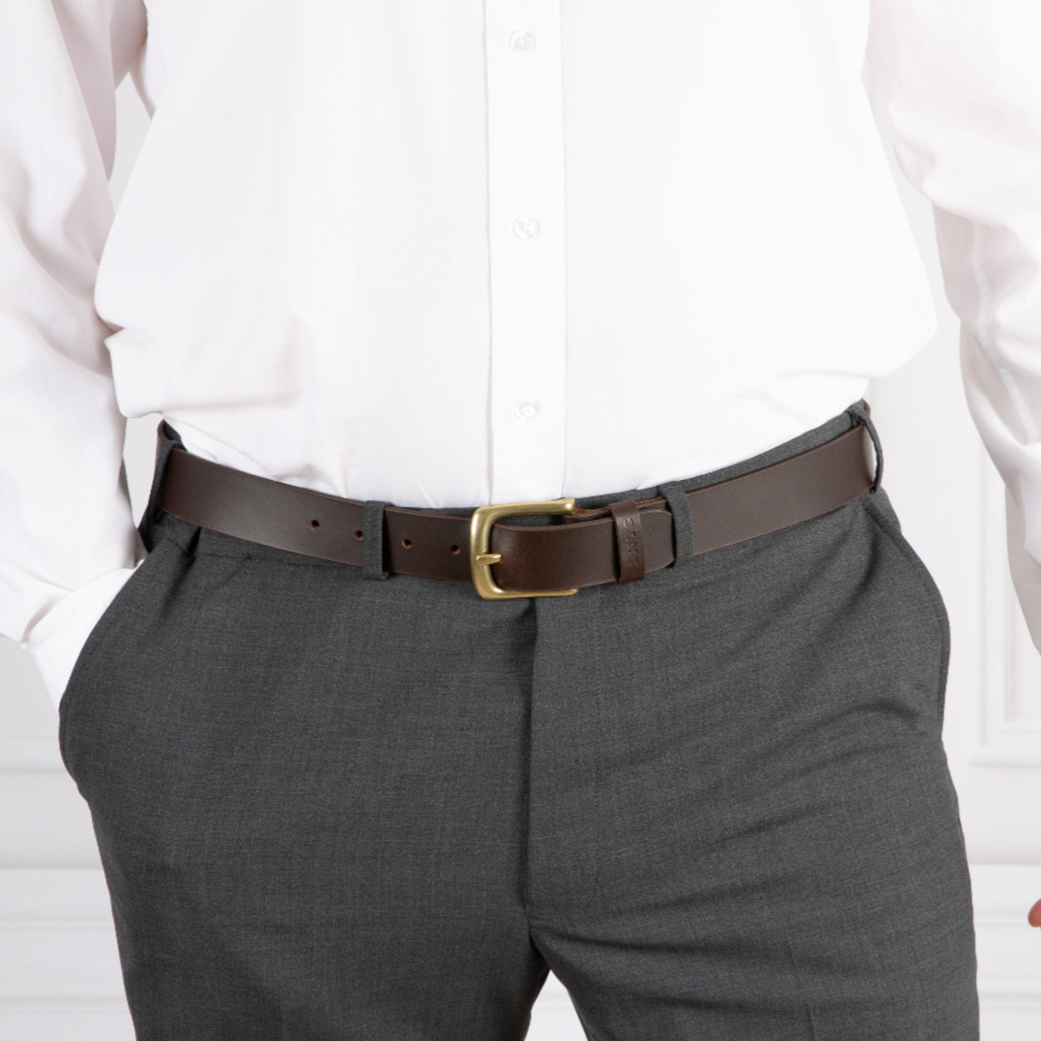 Men's Lined Full-Grain Leather Belt with Brass Buckle