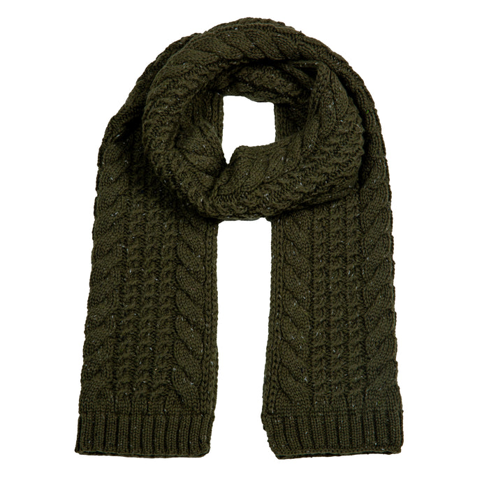 Men's Cable Knit Scarf with Marl Yarn in Olive