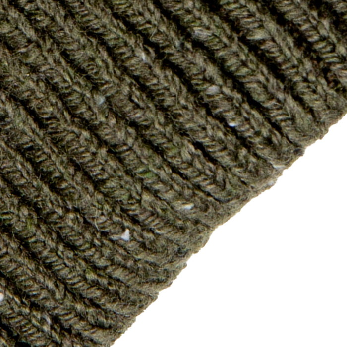 Men's fingerless knitted gloves with ribbed cuff in olive - close up of the knitted cuff