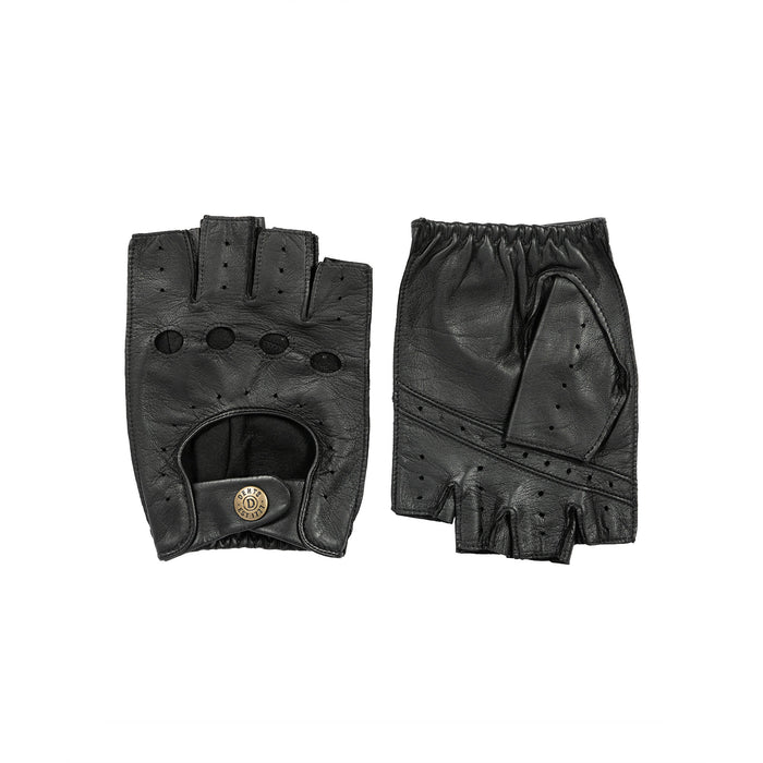Men's fingerless leather driving gloves in black - both gloves