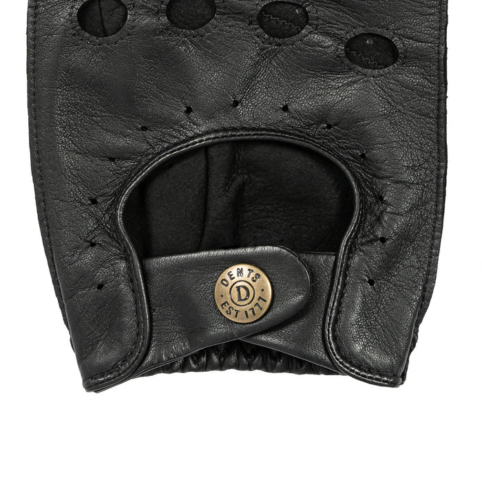 Men's fingerless leather driving gloves in black cuff with a stud