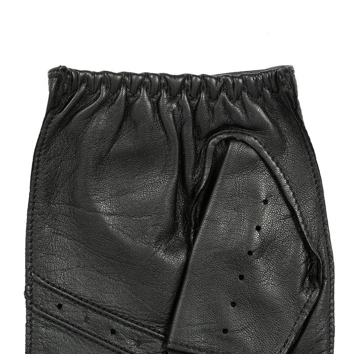 Men's fingerless leather driving gloves in black elasticated cuff