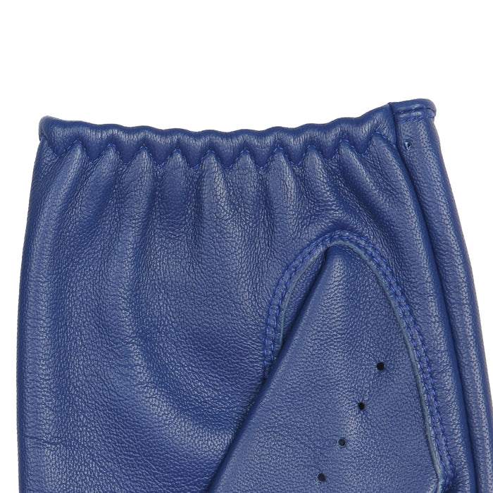 Men's Fingerless Leather Driving Gloves in Royal Blue left cuff