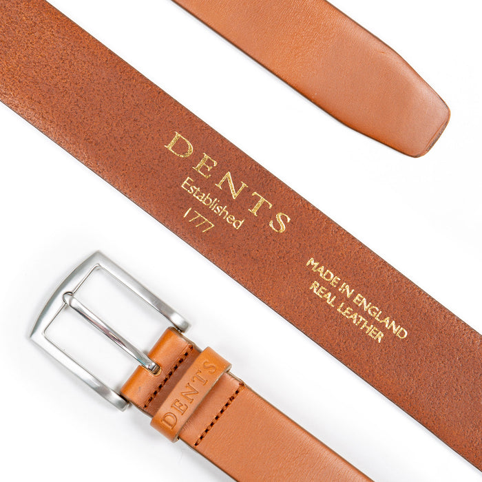 Men's heritage full-grain leather belt with satin nickel buckle in tan