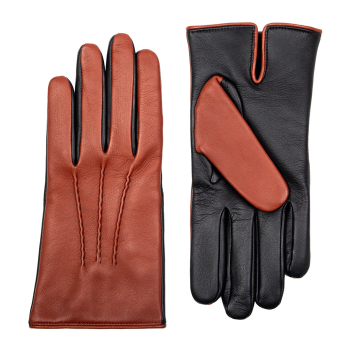 Men's Heritage Touchscreen Three Point Cashmere Lined Leather Gloves in Black high tan side