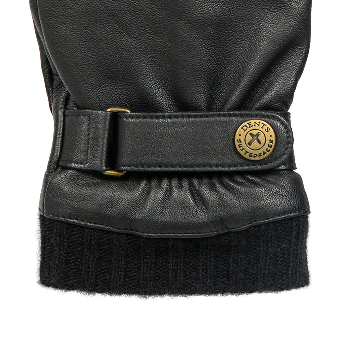 Men's touchscreen cashmere-lined leather gloves in black - strap and roller and knitted cuff