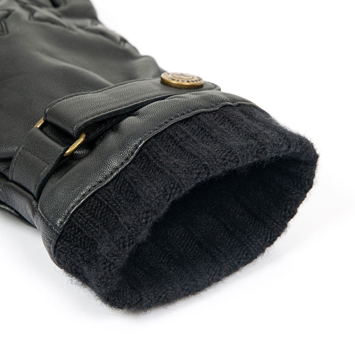 Men's touchscreen cashmere-lined leather gloves in black with knitted cuffs