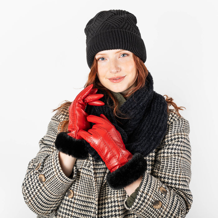 Damen-Lederhandschuhe mit Kunstpelzfutter, Ziernähten und Kunstpelzmanschetten