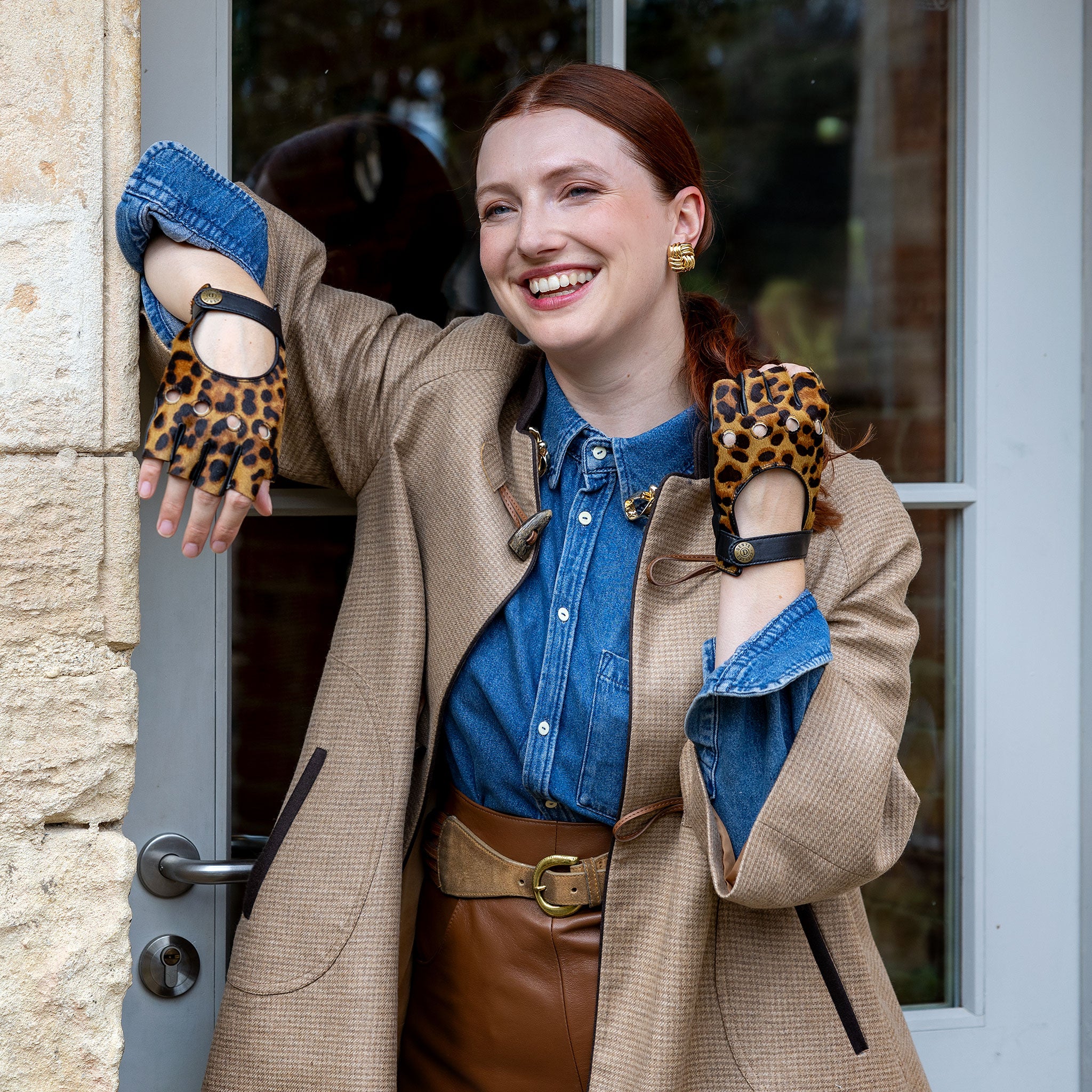 handschuhe fingerfrei damen Damen Fingerlose Lederfahrhandschuhe mit Leopardenmuster