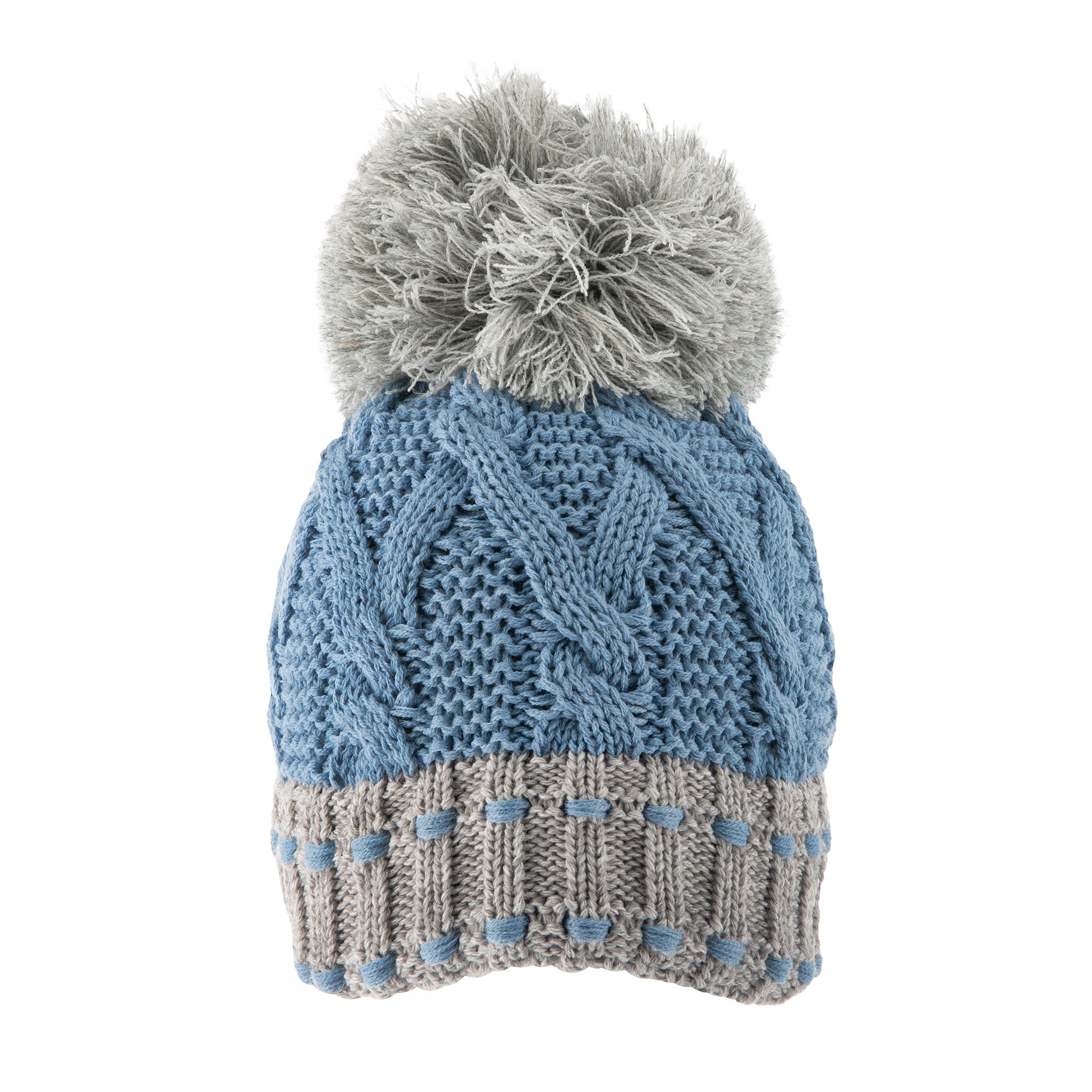 Women's Cable Knit Bobble Hat with Colour Contrast Details and