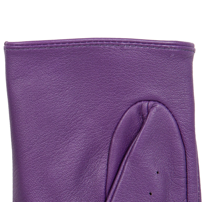 Women's Fingerless Leather Driving Gloves in Amethyst left cuff