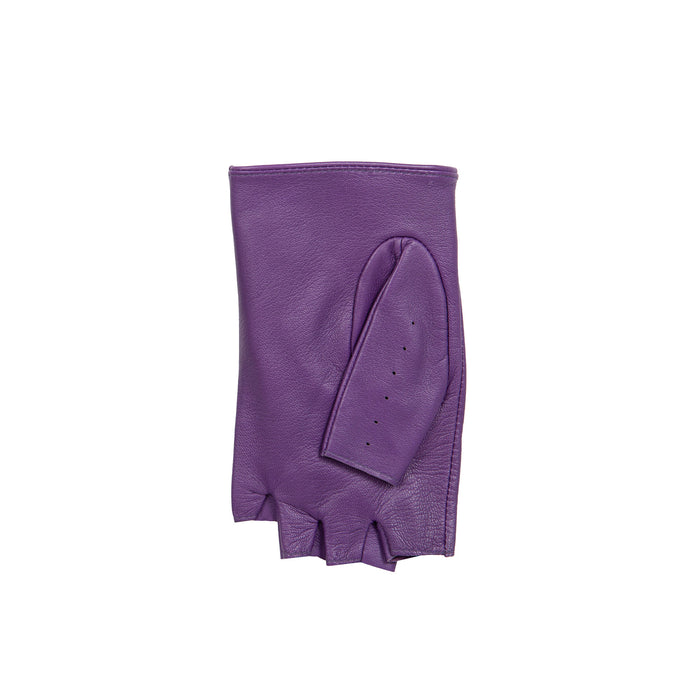 Women's Fingerless Leather Driving Gloves in Amethyst left