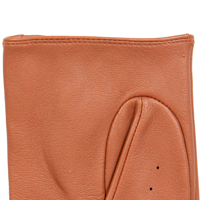 Women's Fingerless Leather Driving Gloves in Cognac left cuff