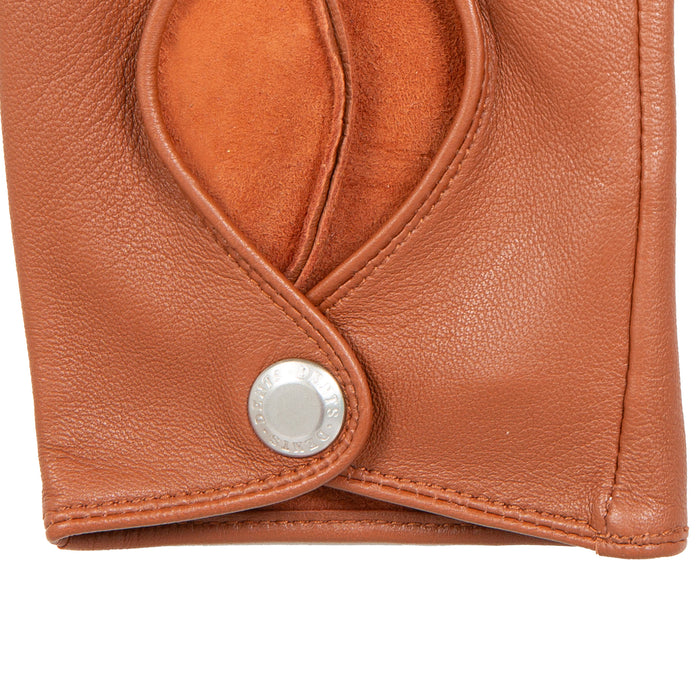 Women's Fingerless Leather Driving Gloves in Cognac side right cuff