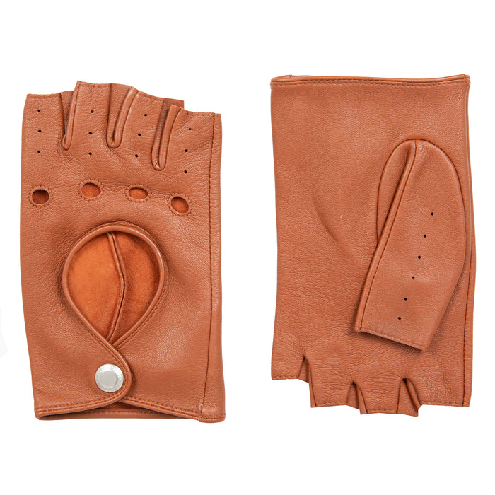 Women's Fingerless Leather Driving Gloves in Cognac side