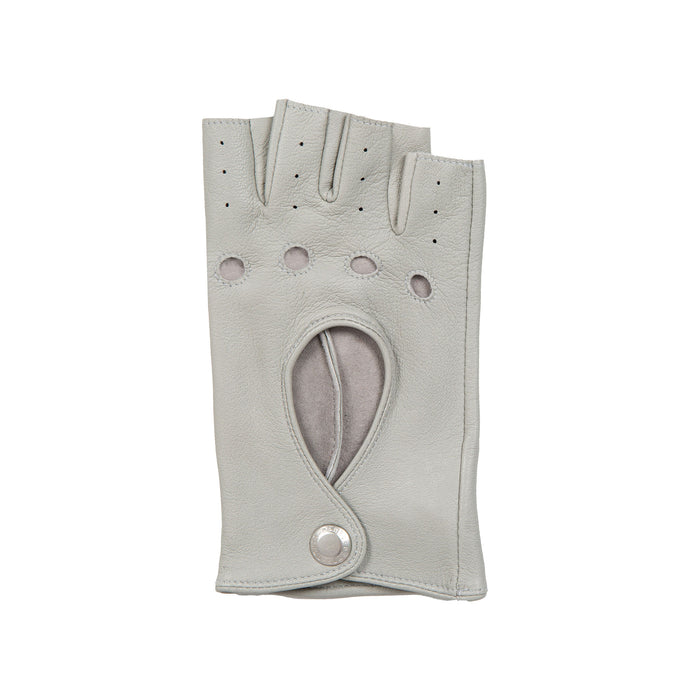 Women's Fingerless Leather Driving Gloves in Dove Grey Right