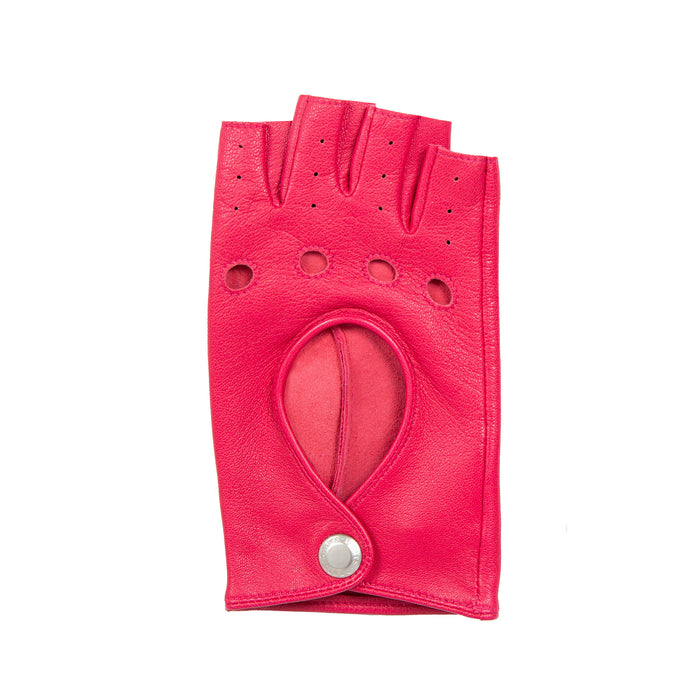 Women's Fingerless Leather Driving Gloves in Fuchsia Right