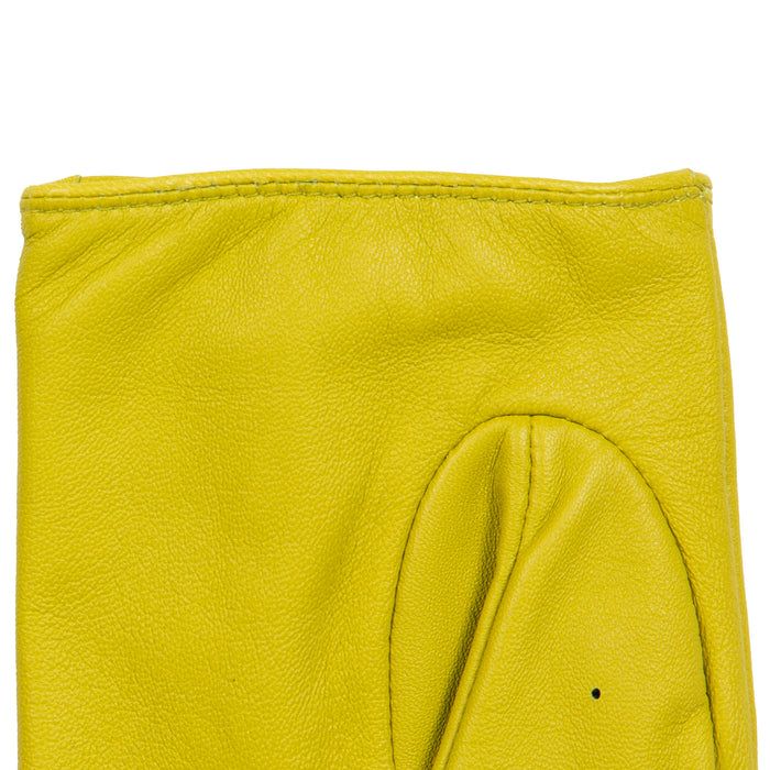 Women's Fingerless Leather Driving Gloves in Lime  left cuff