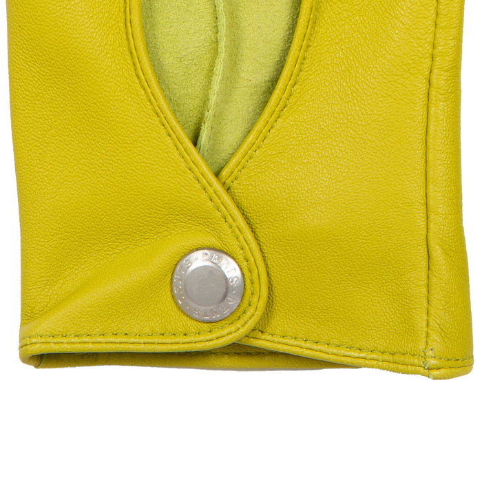 Women's Fingerless Leather Driving Gloves in Lime right cuff
