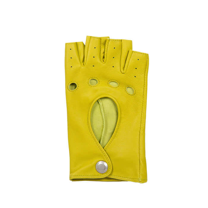Women's Fingerless Leather Driving Gloves in Lime  right