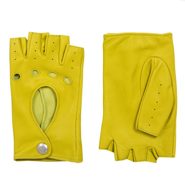 Women's Fingerless Leather Driving Gloves in Lime side
