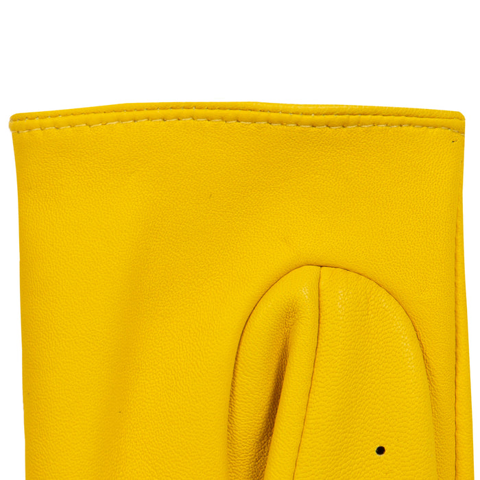 Women's Fingerless Leather Driving Gloves in Yellow left cuff