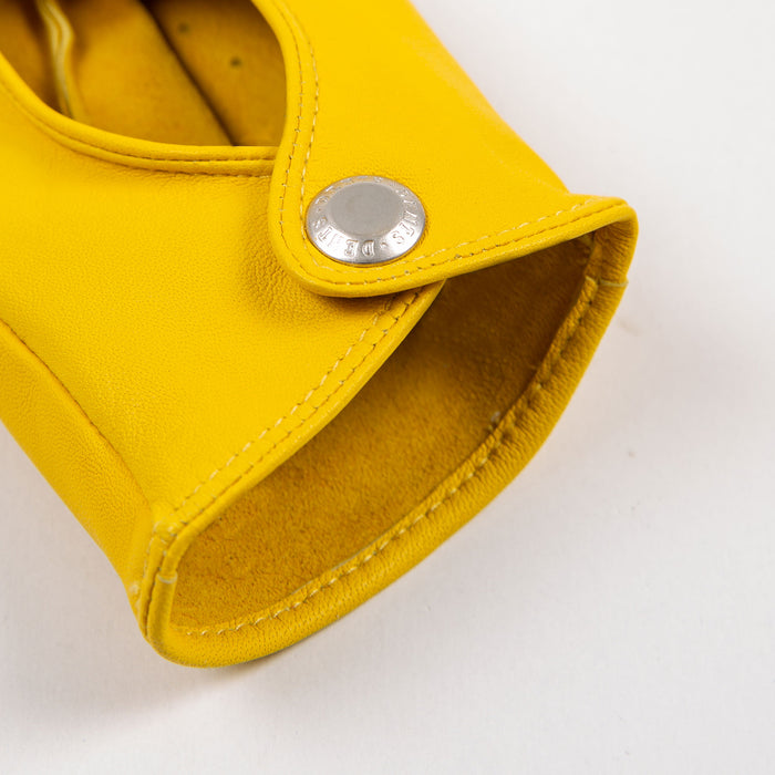 Women's Fingerless Leather Driving Gloves in Yellow open cuff