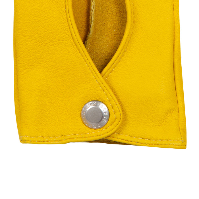 Women's Fingerless Leather Driving Gloves in Yellow right cuff
