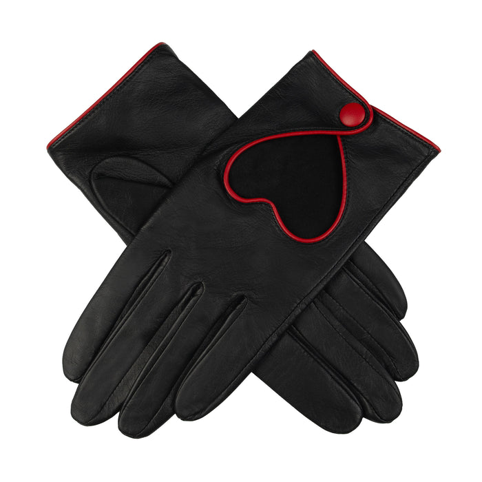 Women's leather driving gloves with heart cut out in black/berry - criss cross