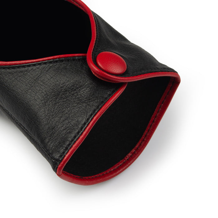 Women's leather driving gloves with heart cut out in black/berry - open cuff
