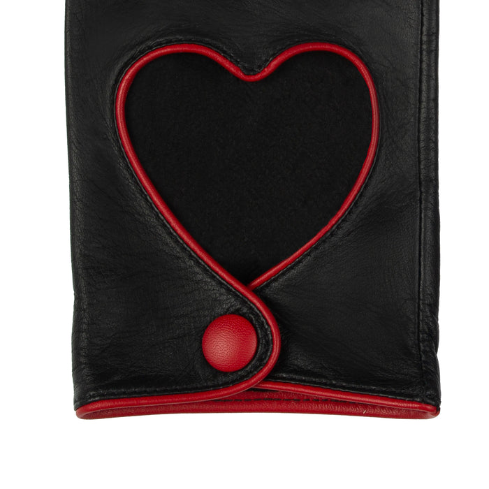 Women's leather driving gloves with heart cut out in black/berry - heart cut out
