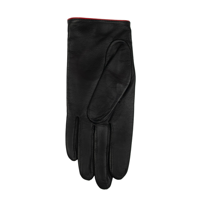 Women's leather driving gloves with heart cut out in black/berry - palm side up