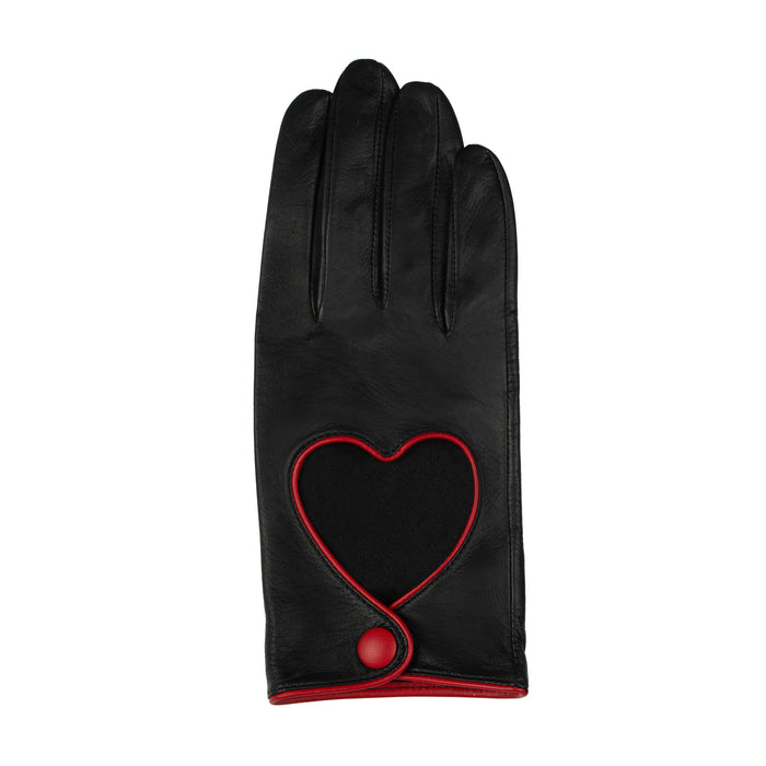 Women's leather driving gloves with heart cut out in black/berry - single glove