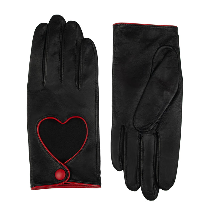 Women's leather driving gloves with heart cut out in black/berry - both gloves side by side