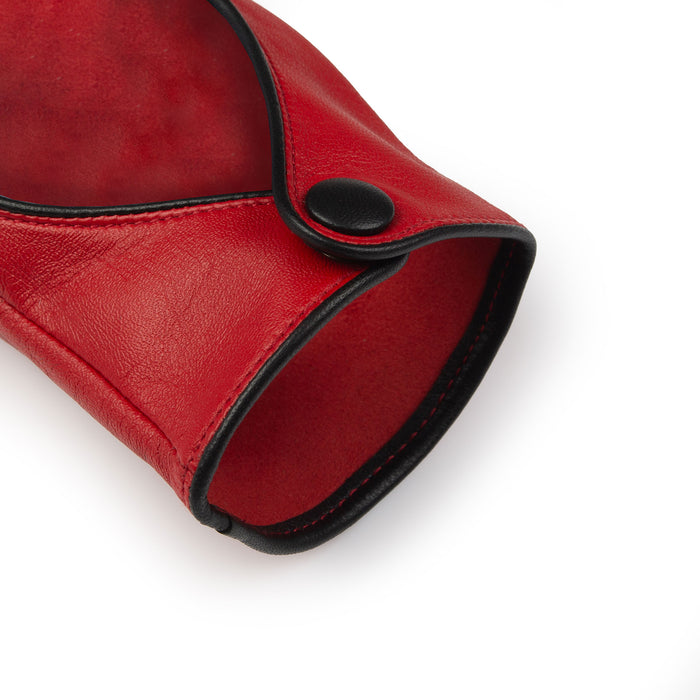 Women's leather driving gloves with heart cut out in berry/black - open cuff 