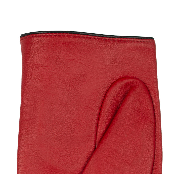 Women's leather driving gloves with heart cut out in berry/black - close up of the cuff