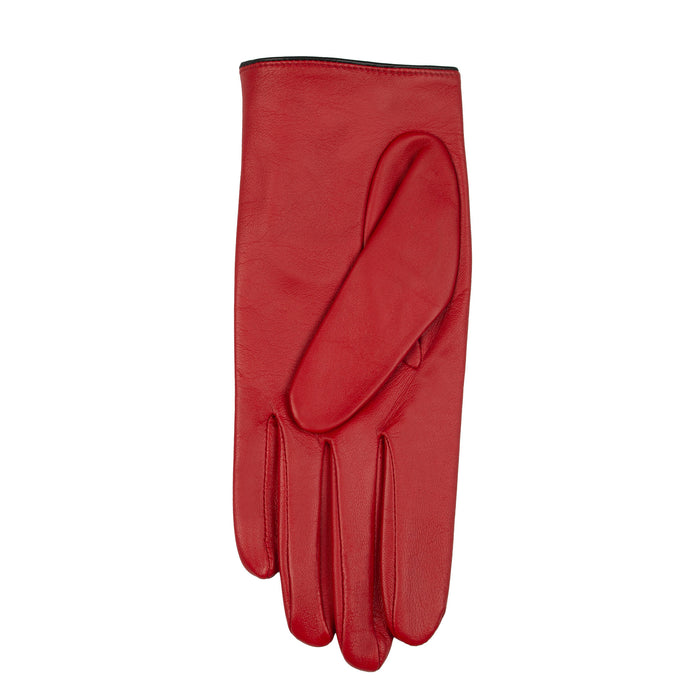 Women's leather driving gloves with heart cut out in berry/black - single glove palm side up