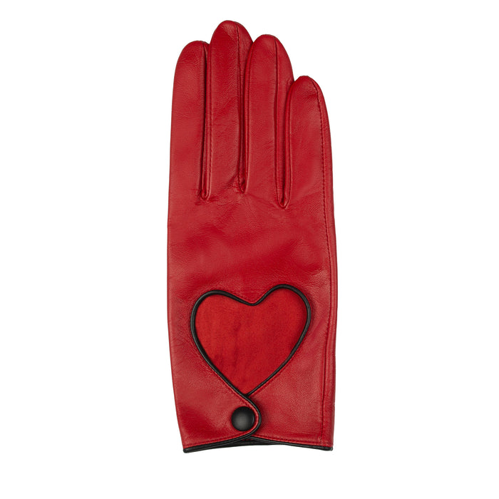 Women's leather driving gloves with heart cut out in berry/black - single glove